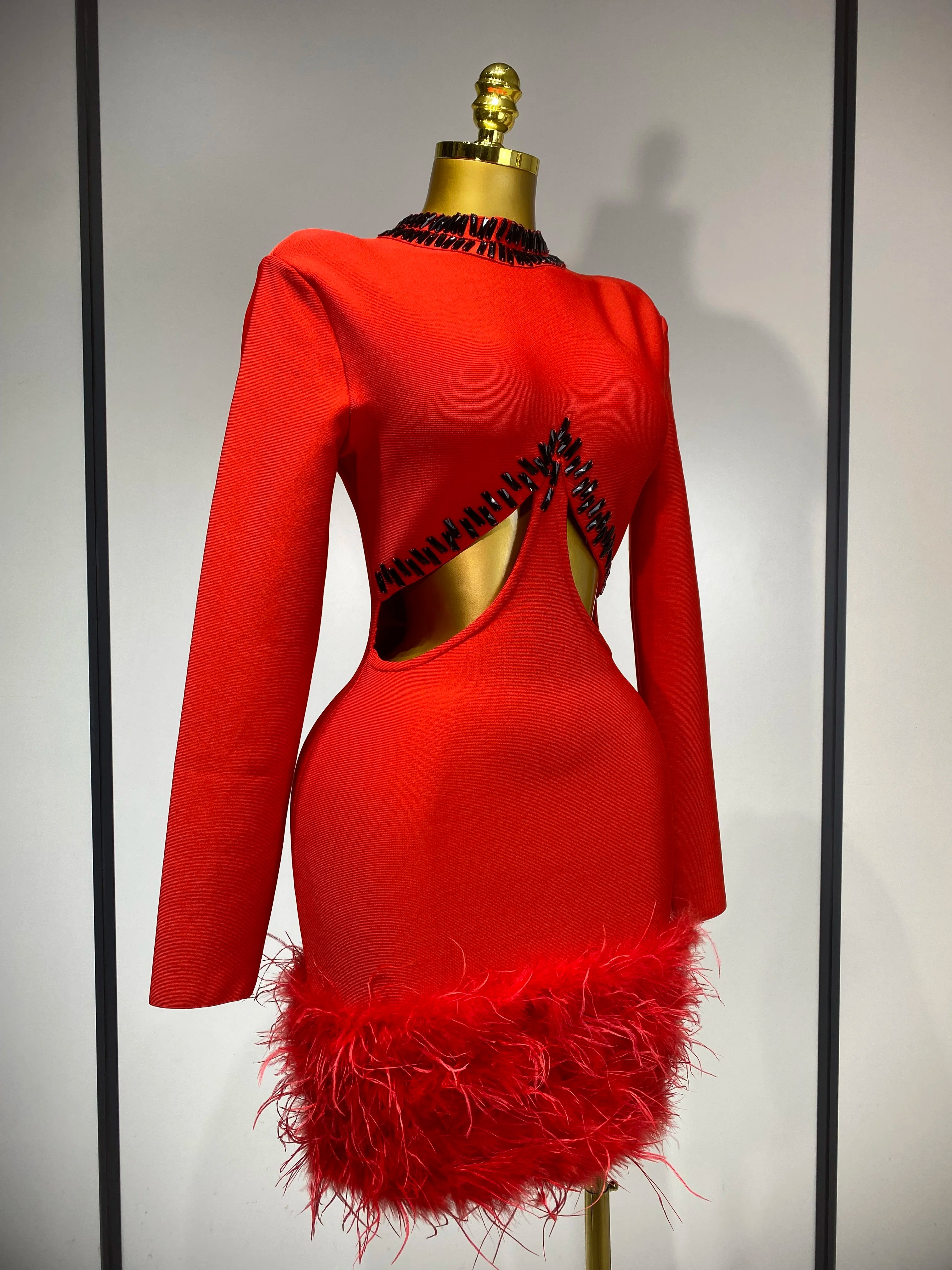 Women Sexy Cut Out Long Sleeve Beading Feather Red Mini Bandage Dress Celebrity Elegant Evening Party Luxury Birthday Dresses