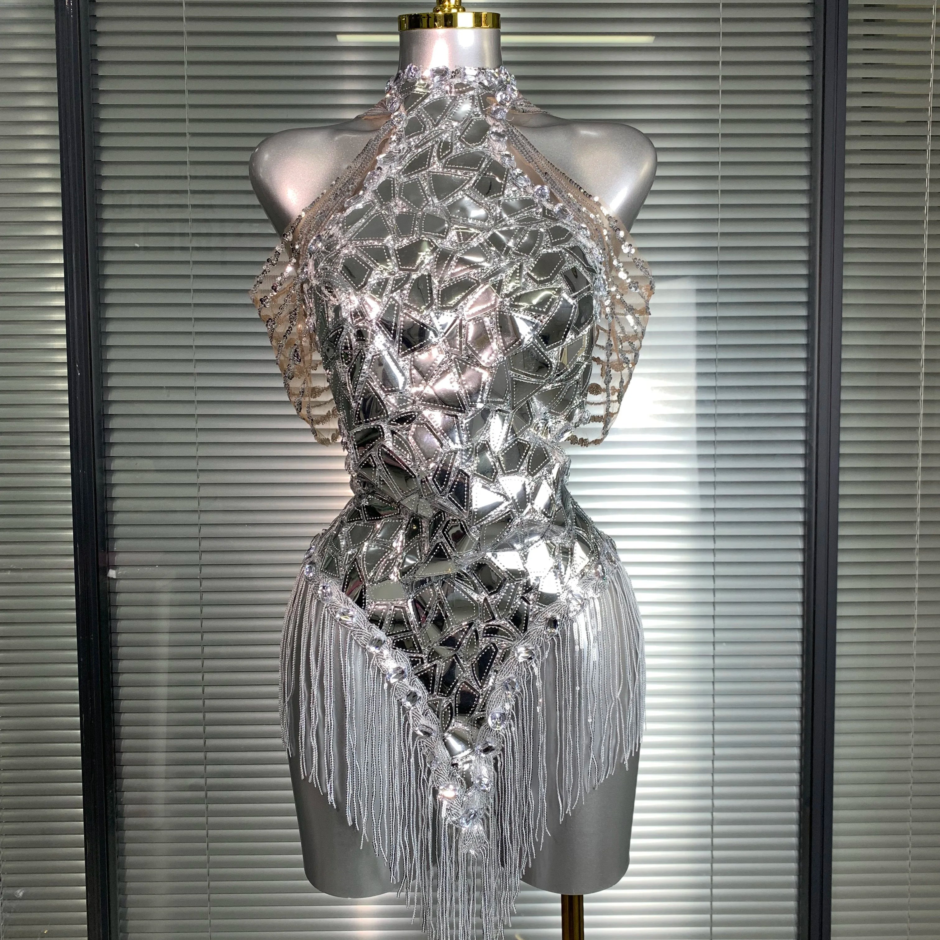 Women Sexy Y2K Silver Tassel Mini Dress Sparkly Sequins Night Club Performance Costume Stage Dancer Night Club Party Dress