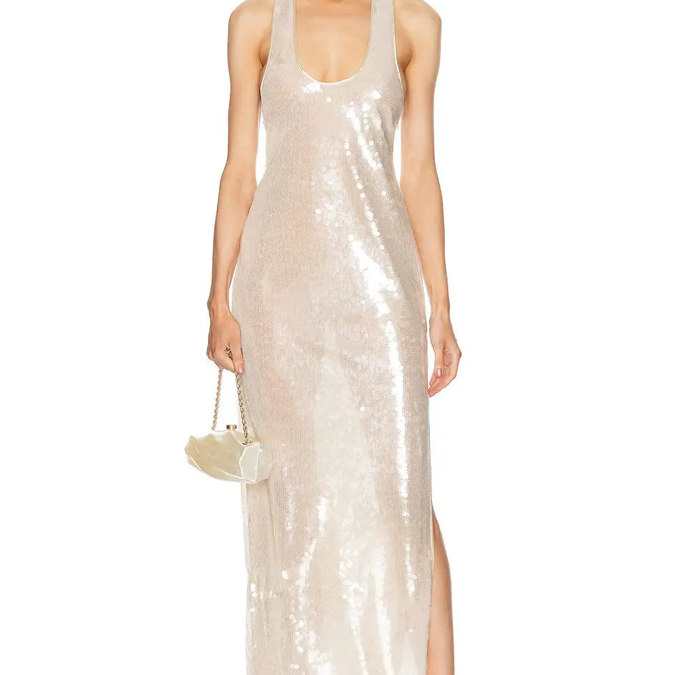 Champagne Color Shining Sequins Sleeveless Tank Bodycon Floor Length Dress Woman Birthday Party Vestido Cocktail Party Outfit