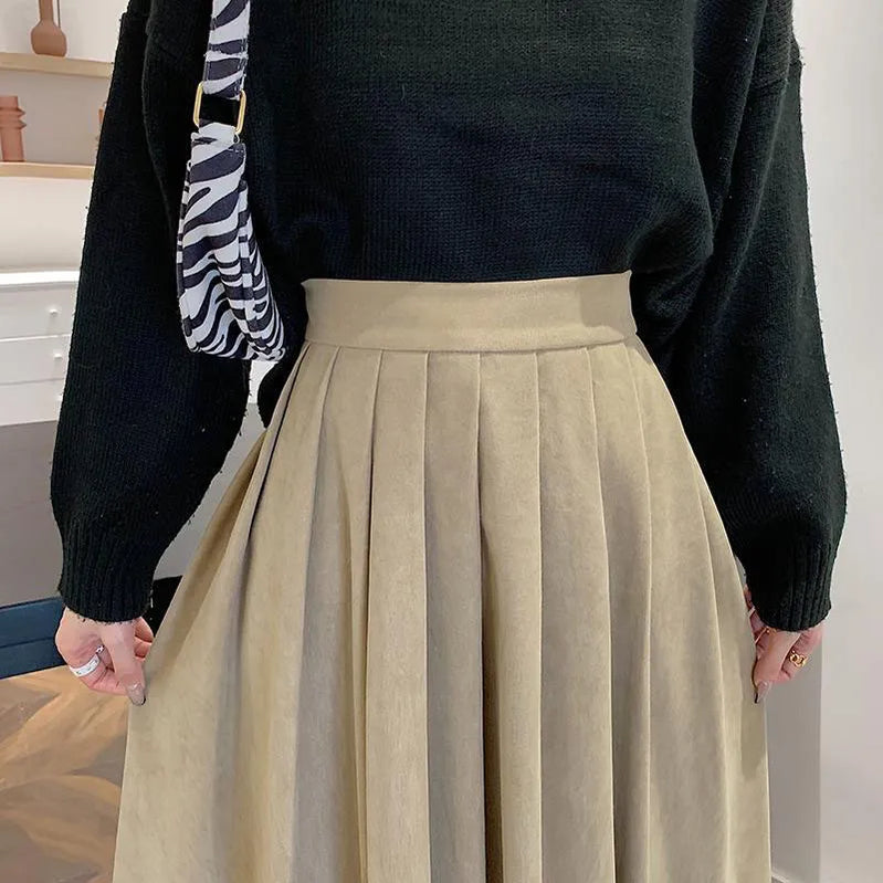 Vintage Brown High Waist Pleated Skirt Women Korean Fashion College Style Long Skirt Ladies Autumn Casual A line Skirts