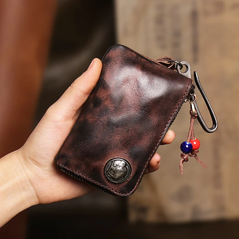 First Layer Leather Key Wallet for Men Short Vintage Handmade Car Key Holder Coin Purese Card Case Bag Organizer Housekeeper Coffee