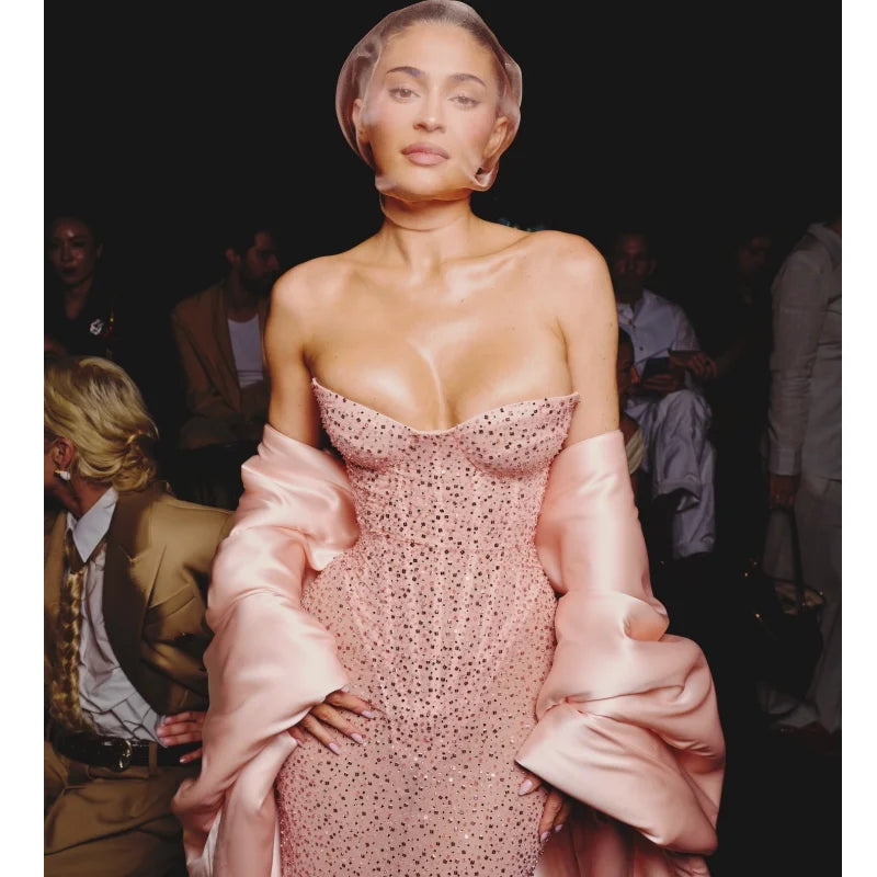 2025 Pink Color Dazzling Diamonds Strapless Ankle Length Evening Dress Woman Birthday Party Dress Celebrity Evening Party Outfit