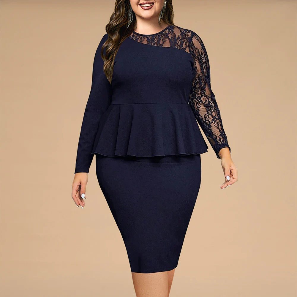 Business Attire Women Plus Size Set Elegant Lace Crew Neck Long Sleeve Slim Ruffle Tops Shirts High Waist Knee-Length Sale Suits