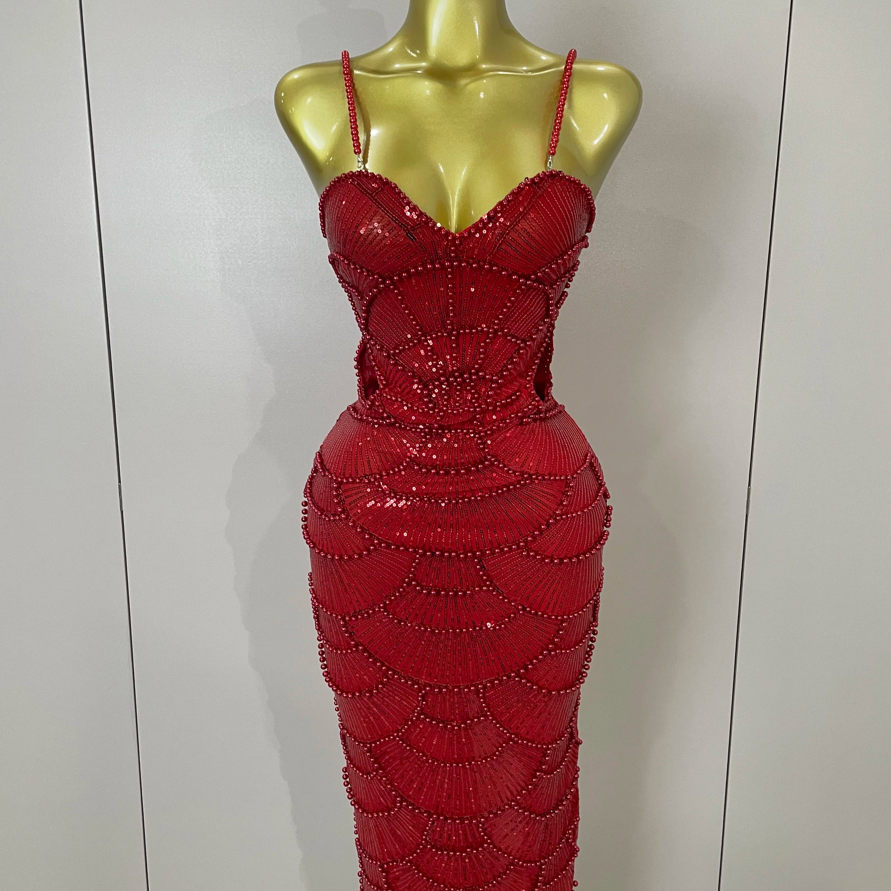 Women Hot Sale Sleeveless Sexy Strap Pearl Beading Sequins Bodycon Long Dress Celebrate Evening Party Birthday Outfit Vestido