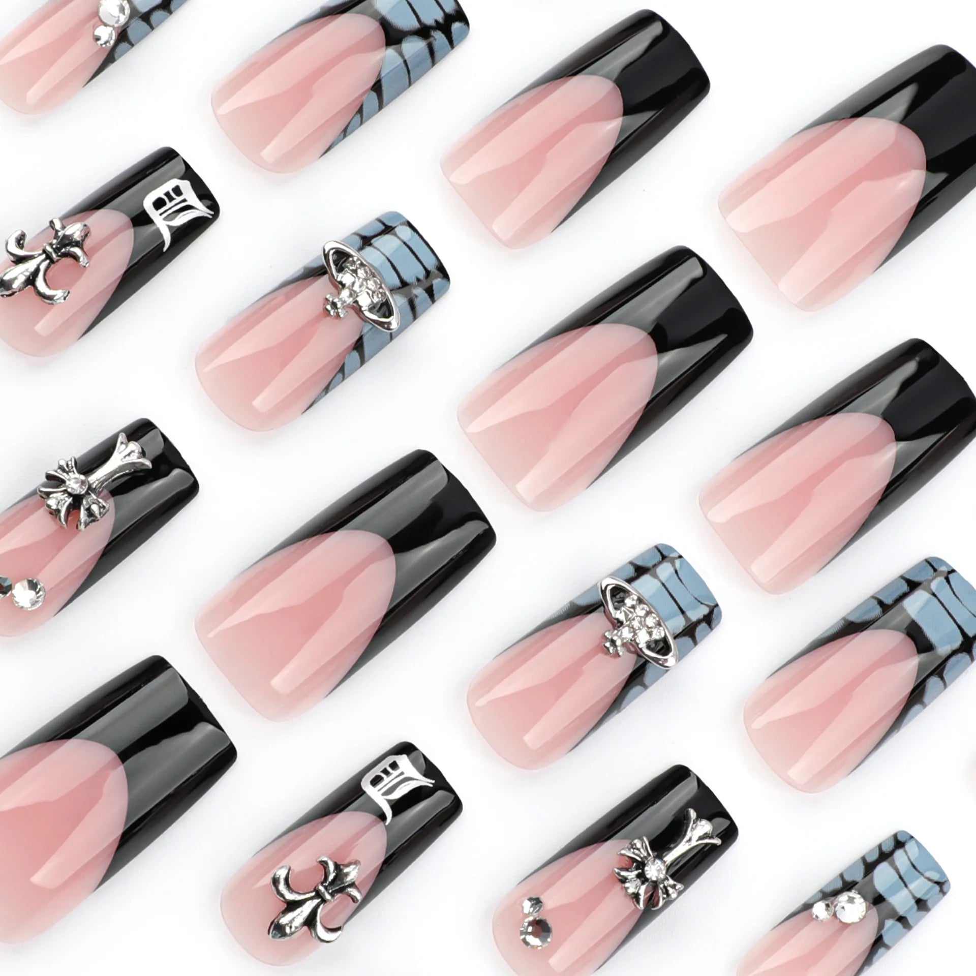 24pcs French Black Crocodile Pattern Beautiful Cross Press on Nail Tips Artificial Fake Nails Seamless Removable False Nails