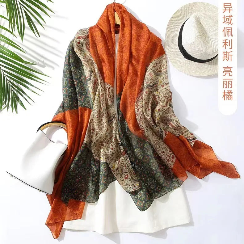 Print Silk Scarf Hijab Women Spring Deisgn Soft Beach Stoles Elegant Head Scarves Echarpe Shawl Satin Large Wrap Echarpe Bandana see chart 46