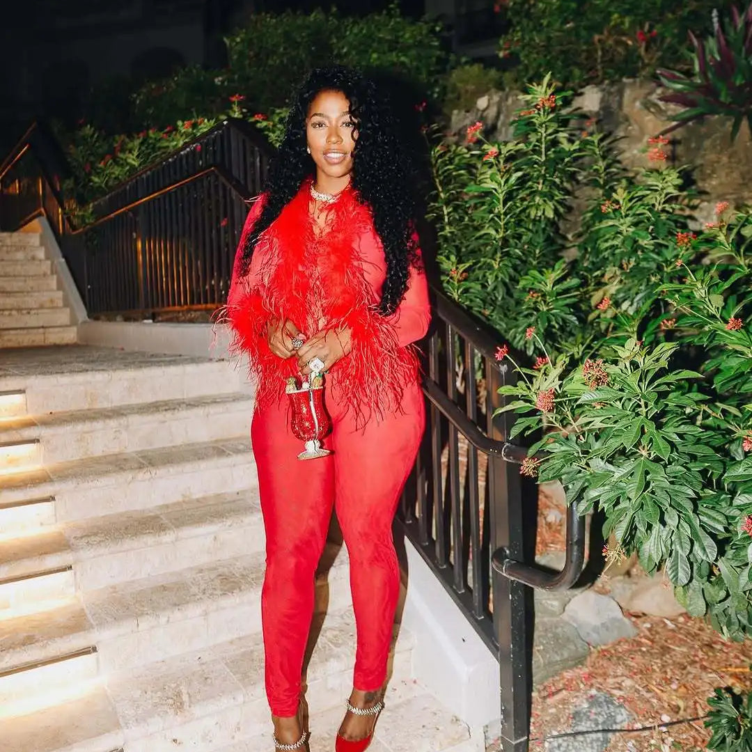 CM.YAYA Fashion Mesh See Though Women's Set Feather Side Long Sleeve Crop Top and Legging Pants 2025 Sexy Two 2Piece Sets Outfit