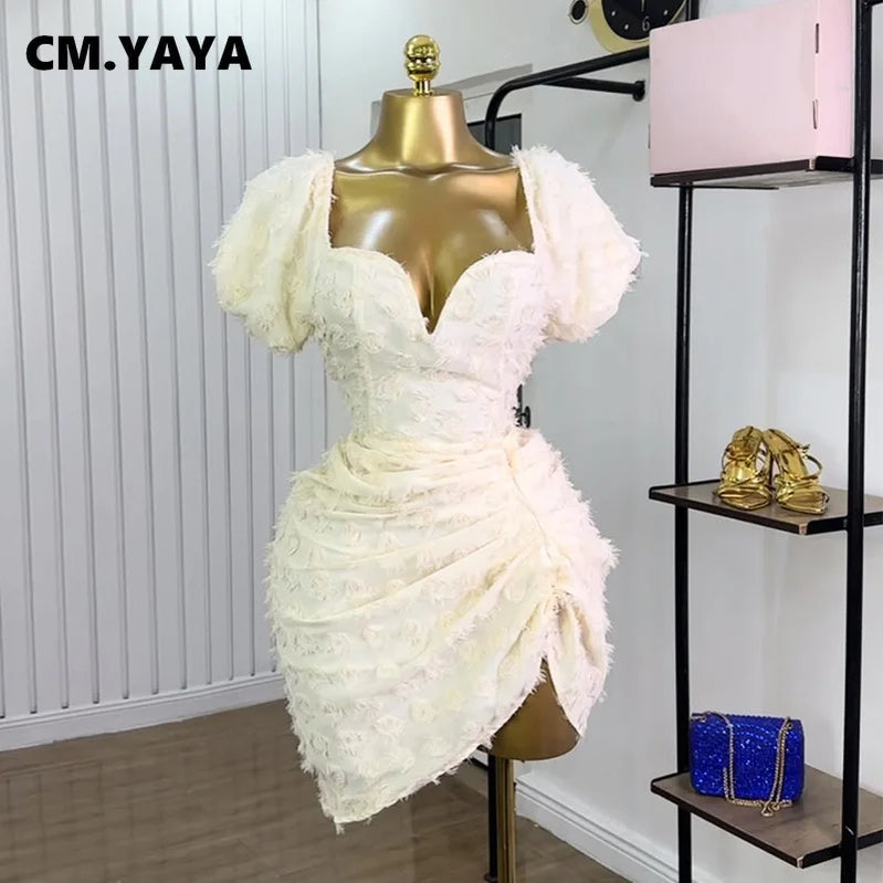CM.YAYA Summer Women Lantern Short Sleeve Side Split Ruched Midi Mini Dress 2025 Fashion Sexy Night Club Party Dresses Vestidos
