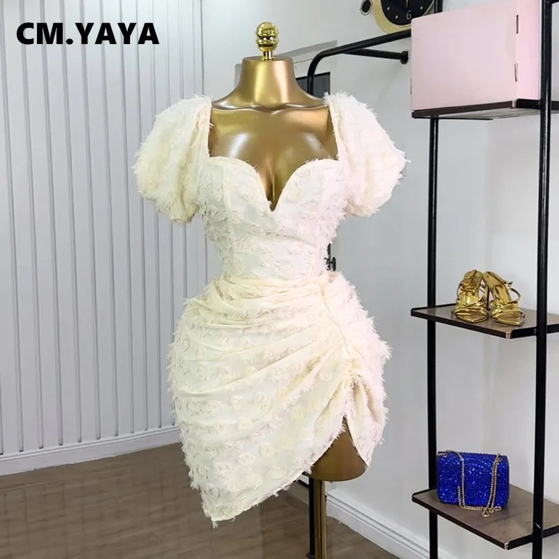 CM.YAYA Summer Women Lantern Short Sleeve Side Split Ruched Midi Mini Dress 2025 Fashion Sexy Night Club Party Dresses Vestidos