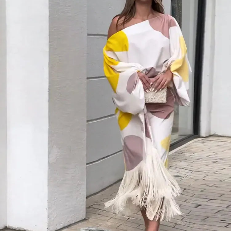 Women Tassel Skirt Suit Loose Off Shoulder 2 Pieces Sets Party Club Spring Summer Lady Street Casual Outfit NEW Figure Color