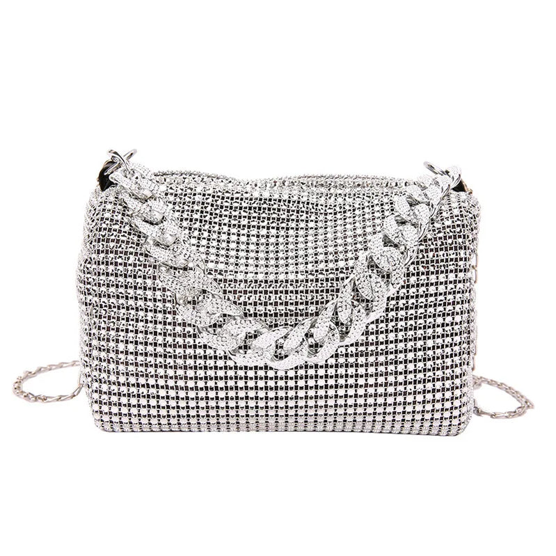 1Pc Elegant Women Rhinestones Evening Clutch Handbags Fashion Shiny Dinner Party Wedding Purses Shoulder Underarm Bag for Women Silver-A