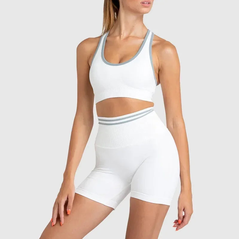 Seamless Yoga Sets Sports Fitness Peach Hip-lifting Shorts Beauty Back Short-Sleeved Suits Workout Gym Leggings Set for Women White2
