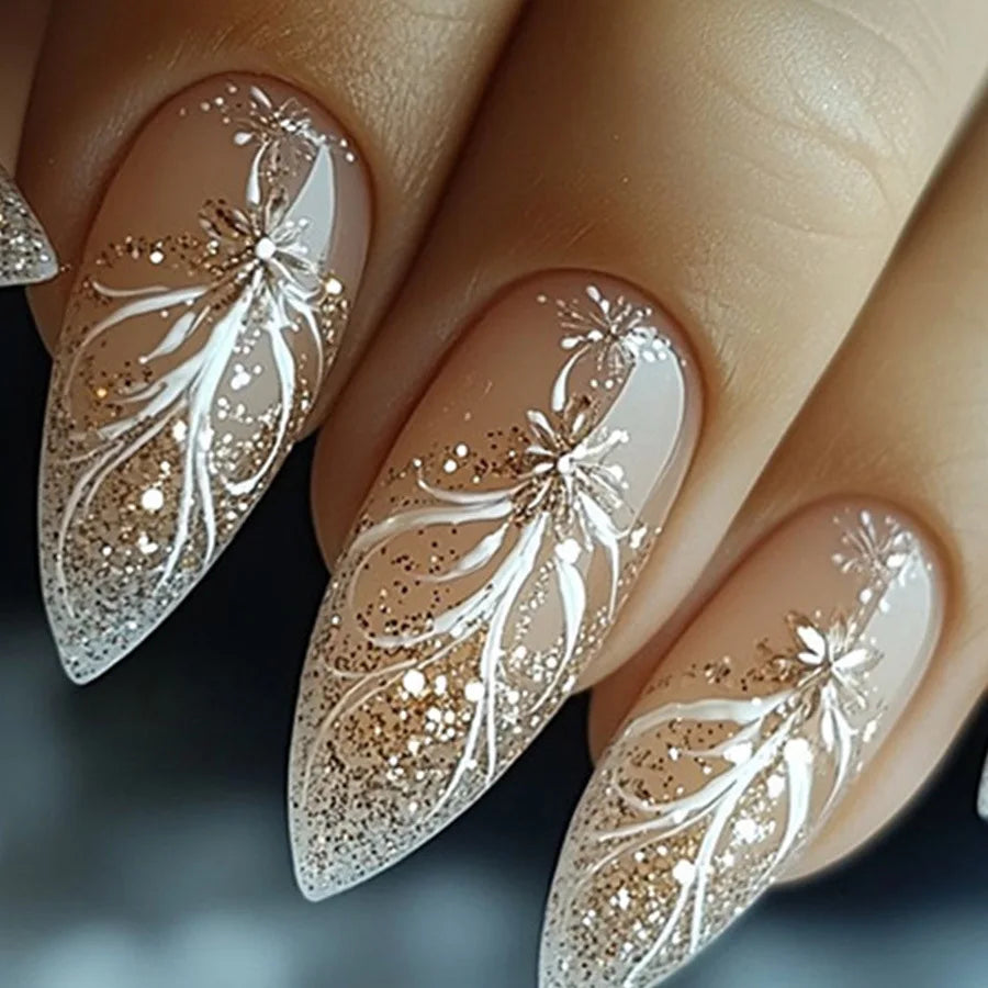 24pcs/set Short Medium fake nails for women girls gradient shiny glitters heart french Square almond tips Press on false nail