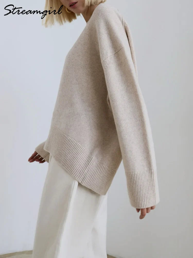 Basic Sweaters For Women Oversize O Neck Knitted Pullovers Autumn Winter Loose Tops Women's Jumper Light Blue Sweaters Oversized Apricot