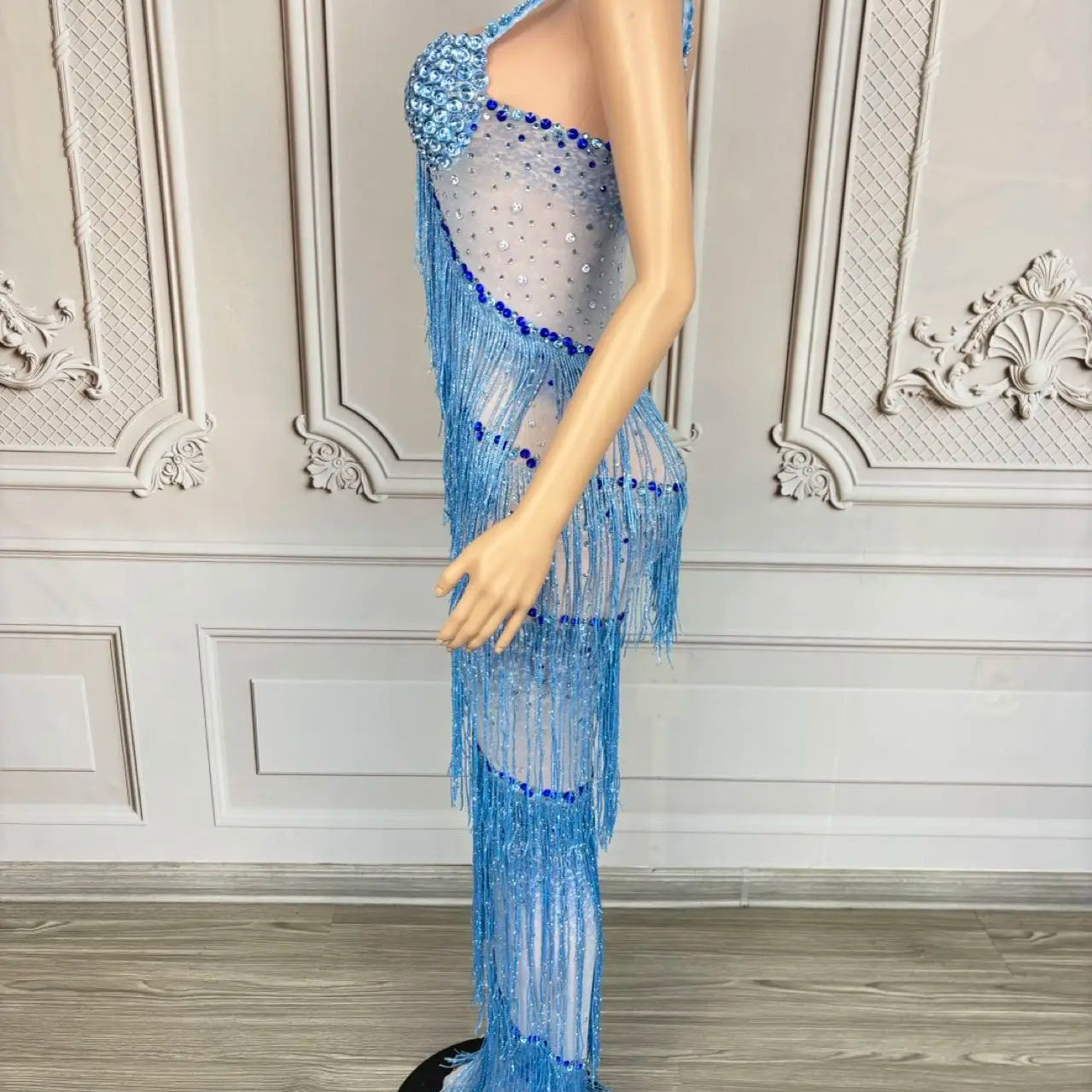 Sparkly Rhinestones Tassel Slip Long Dress Sexy Women Celebrate Prom Sheer Mesh Evening Dress Birthday Photo Shoot Wear lantian