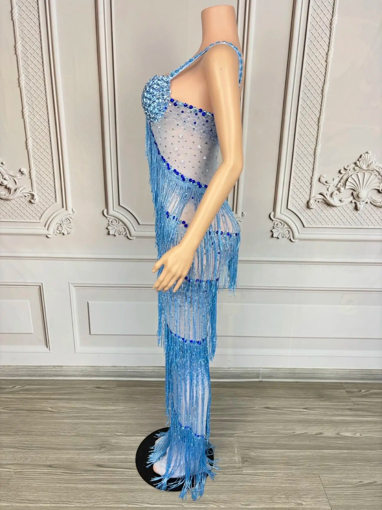 Sparkly Rhinestones Tassel Slip Long Dress Sexy Women Celebrate Prom Sheer Mesh Evening Dress Birthday Photo Shoot Wear lantian