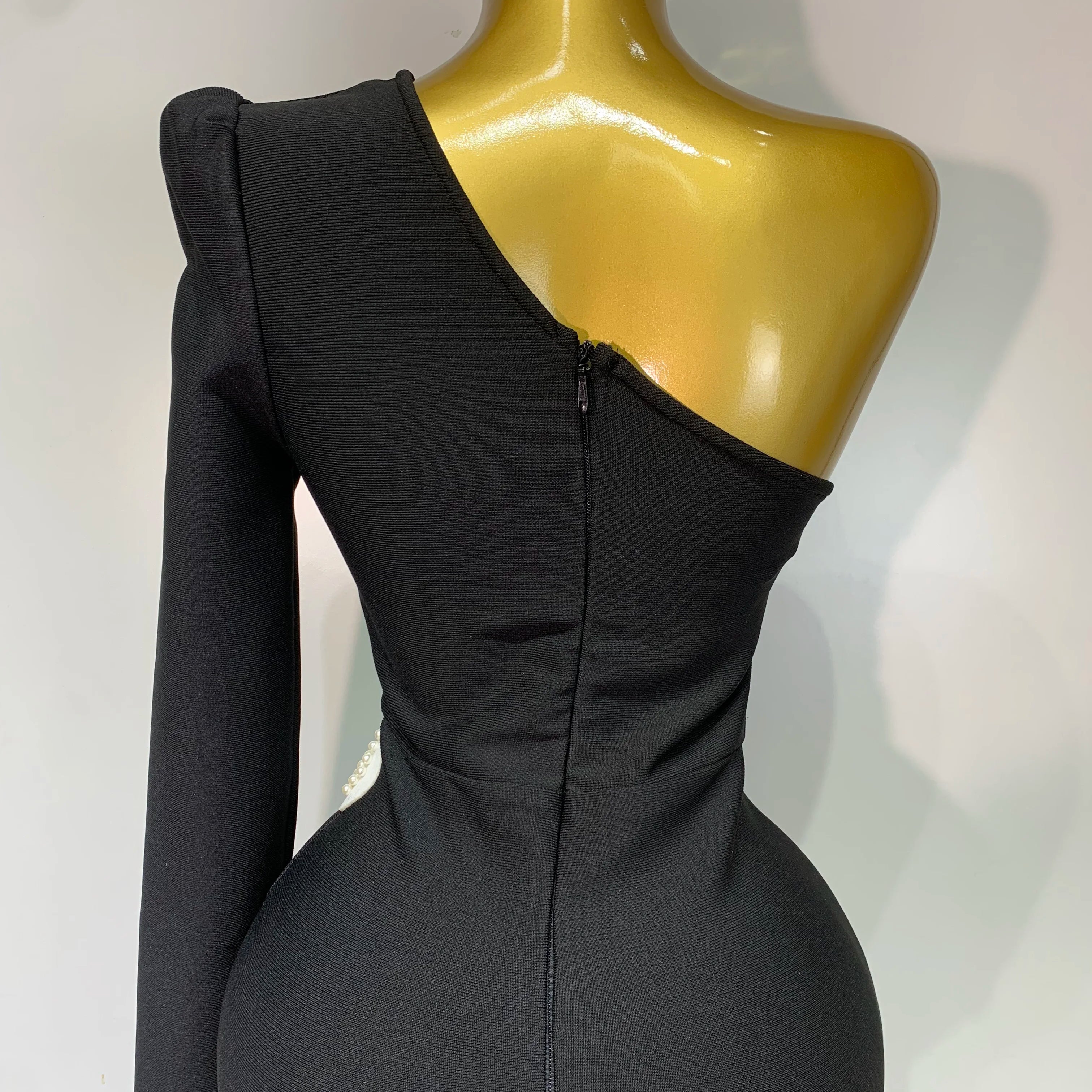 Women Elegant Luxury Black Bandage Party Dress Single Sleeve Cut Out White Pearl Embroidery Flower Midi Long Evening Prom Gowns