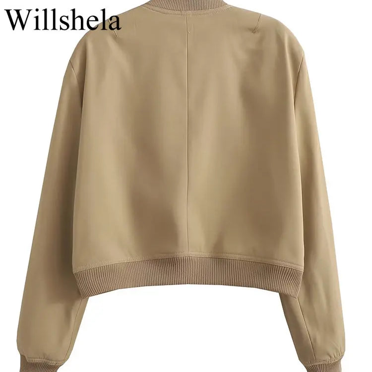Willshela Women Fashion Solid Bomber Jackets Coat With Pockets V-Neck Single Breasted Long Sleeves Female Chic Lady Outfits