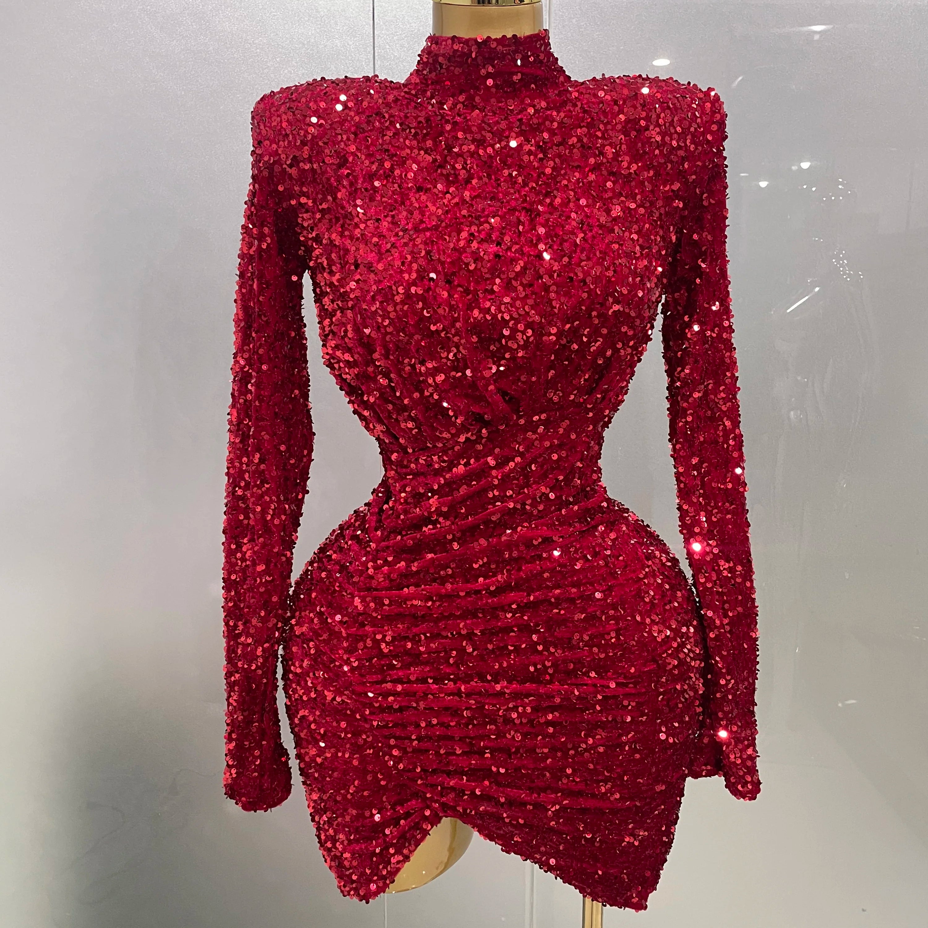 Sexy Sparkly Red Sequins Long Sleeve Short Dress 2025 New Women Evening Celebrate Birthday Party Club Performance Stage Costume