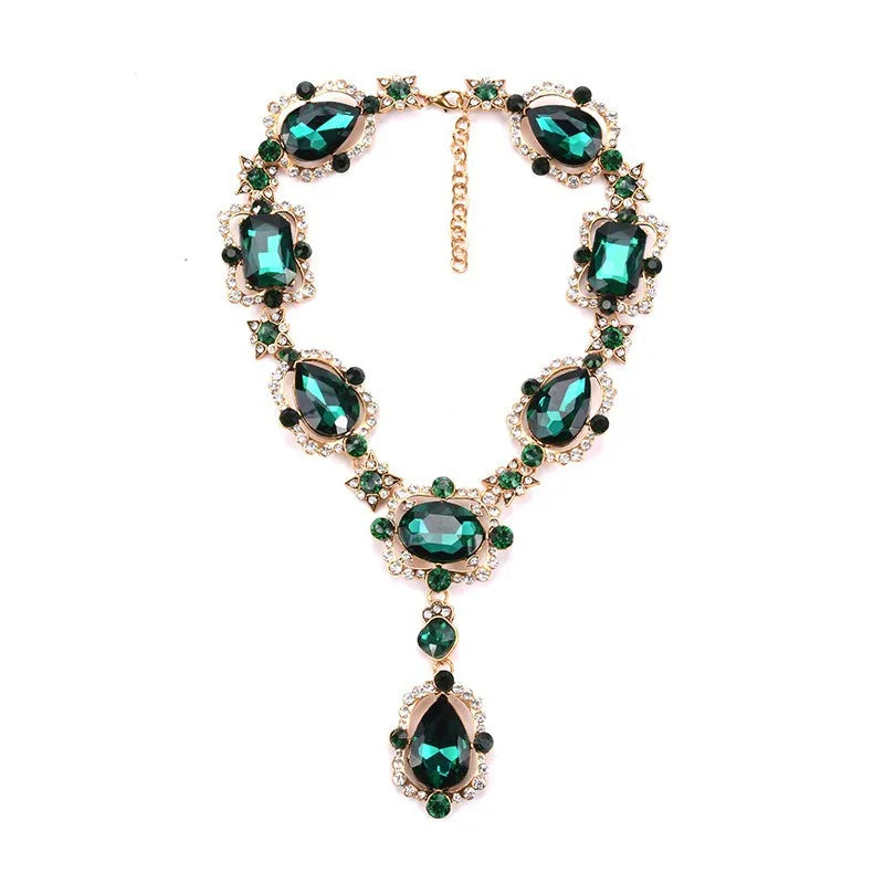 Statement Rhinestones Jewelry Large Gemstone Gem Stone Crystal Victorian Jewellery Green Emerald Bib Necklace for Women NA012-2