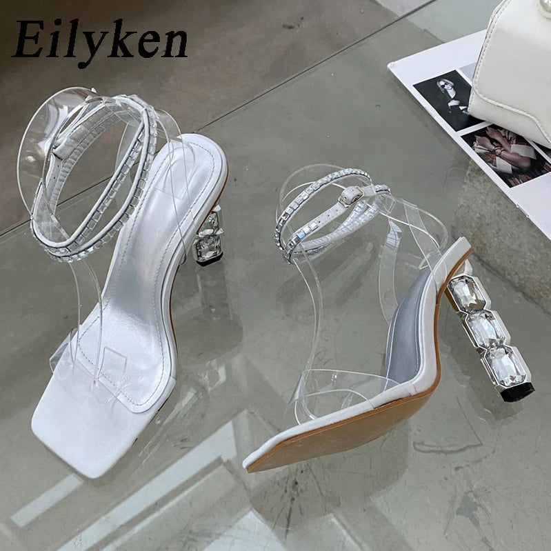 Summer Crystal Embellished High Heel Sandals Women Diamond Open Toe Ankle Strap Silk Satin Rhinestone Banquet Shoes