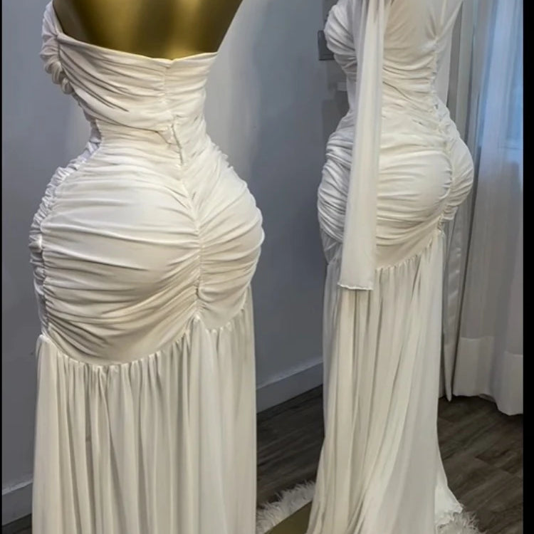 CM.YAYA Women Stacked Ruched Draped High Split Pleated Maxi Long Bodycon Dress 2025 Holiday Birthday Club Party Evening Dresses