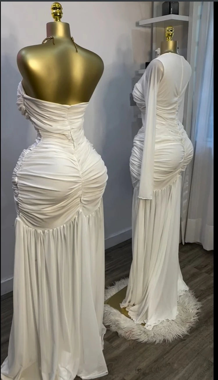 CM.YAYA Women Stacked Ruched Draped High Split Pleated Maxi Long Bodycon Dress 2025 Holiday Birthday Club Party Evening Dresses