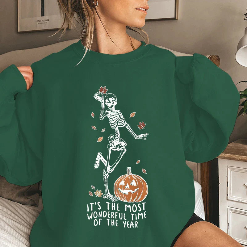 Halloween Skeleton & Pumpkin Print Sweatshirts Casual Long Sleeve Crew Neck Sweatshirt Women's Plus Size Clothing green