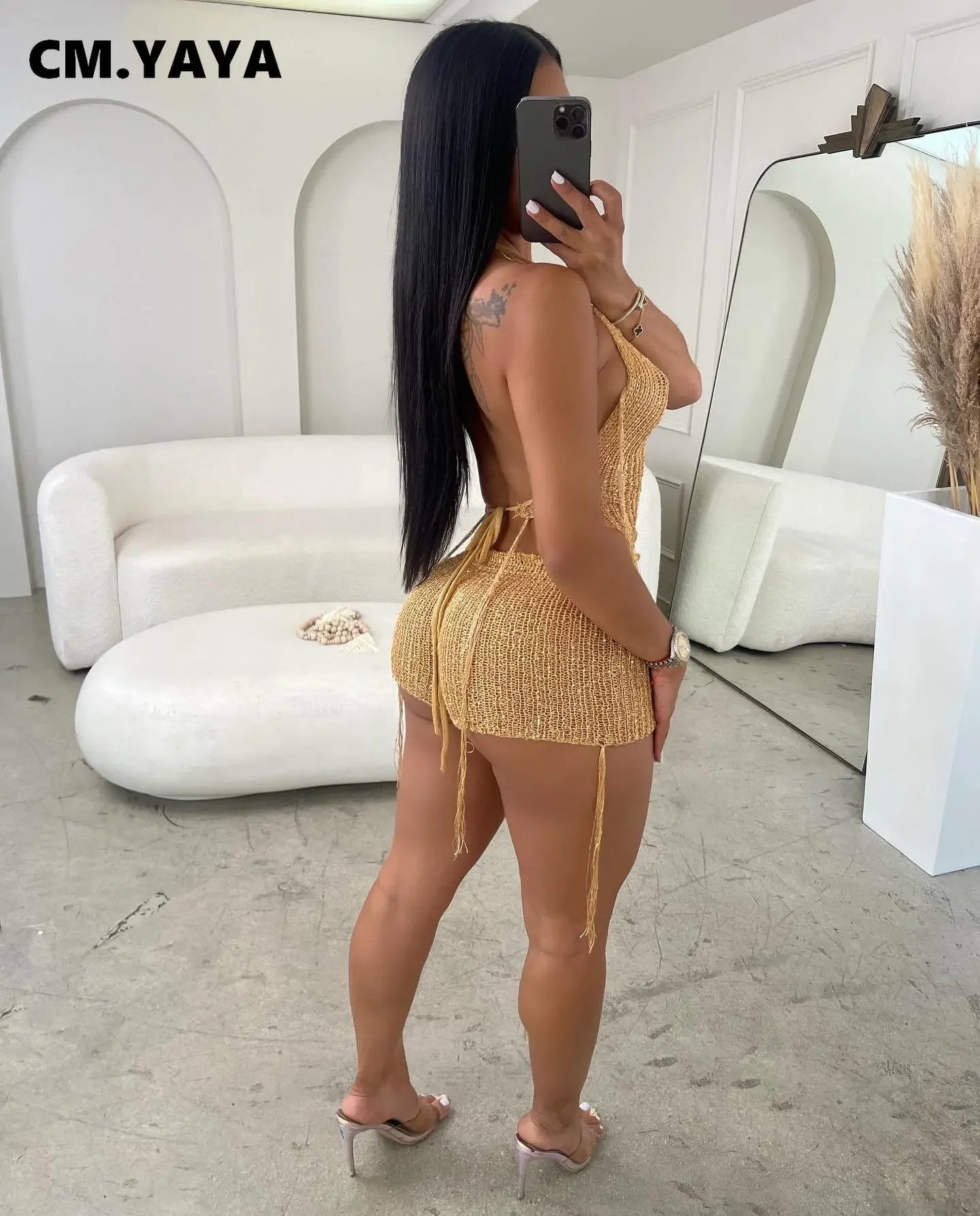 CM.YAYA Knit Ribbed Women's Set Halter Neck Backless Crop Top with Hat Shorts Suit 2023 Summer Two 2 Piece Set Outfit Tracksuit