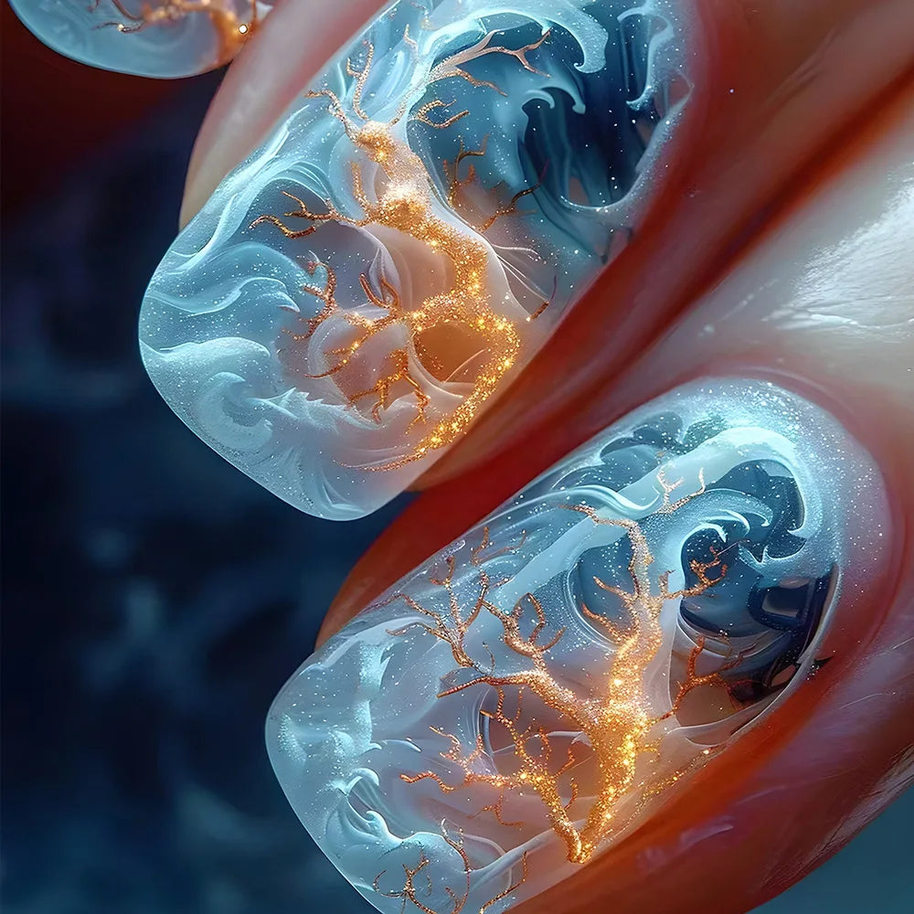 24pcs Golden Stripe Press on Nails Shiny Powder Love Design Long Square False Nails Wearable Full Cover Nail Tips Blue Fake Nail