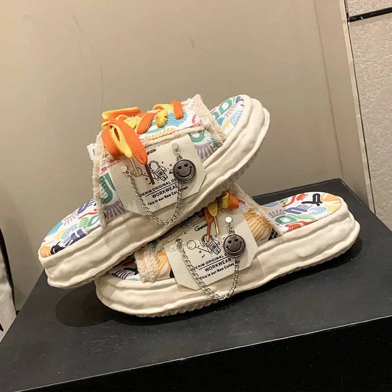 Women Graffiti Slippers Fashion Design Summer Platform Shoes Mules Flip Flops Street Sandals Clogs Flat Casual Shoe For Female