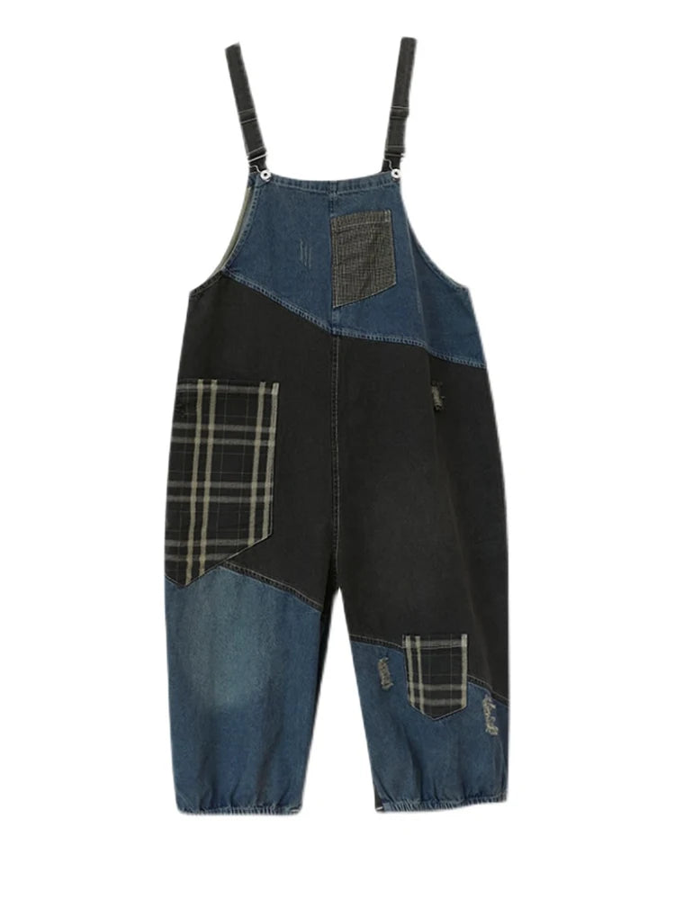 Korean Fall Jeans Women Plaid Ripped Denim Overalls Ladies Vintage Punk Loose Pants Luxury Classic Casual Trousers