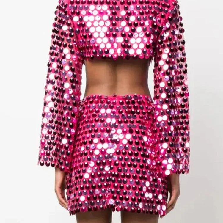 DEAT Fashion Trendy Women's Hollow Out Sequins Irregular Dress Spring New O-neck Long Sleeves Dresses Female 33A1208