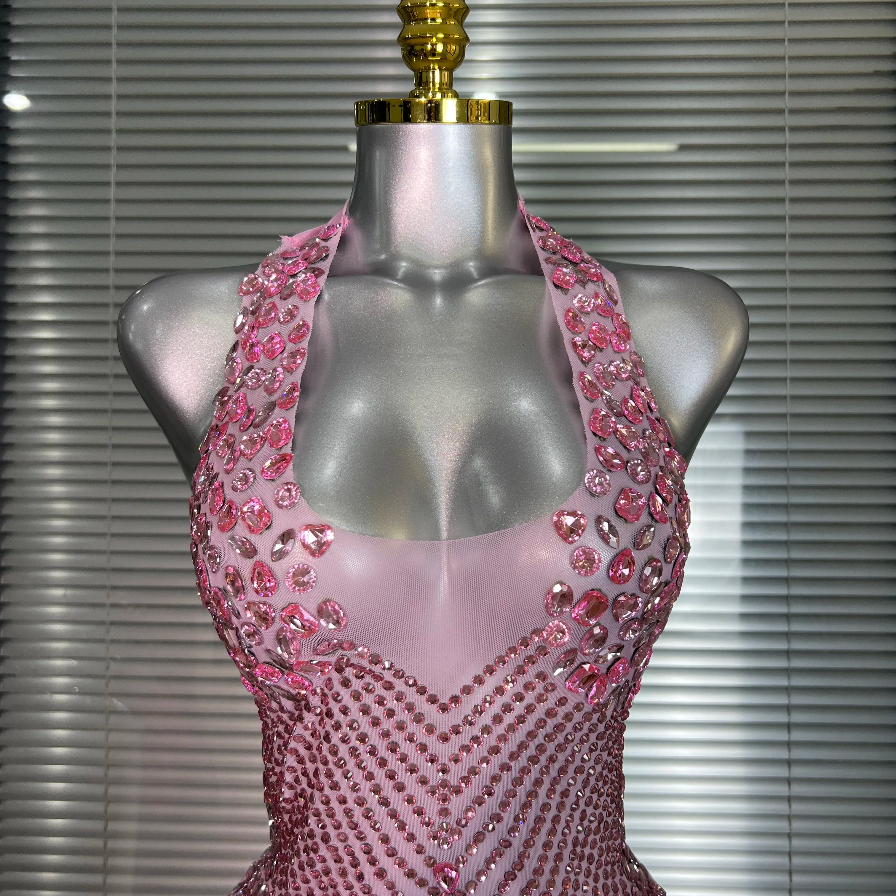 Celebrity New Women Sexy Pink Mesh Halter Stage Performance Costume Dancer Singer Night Club Mini Party Dress