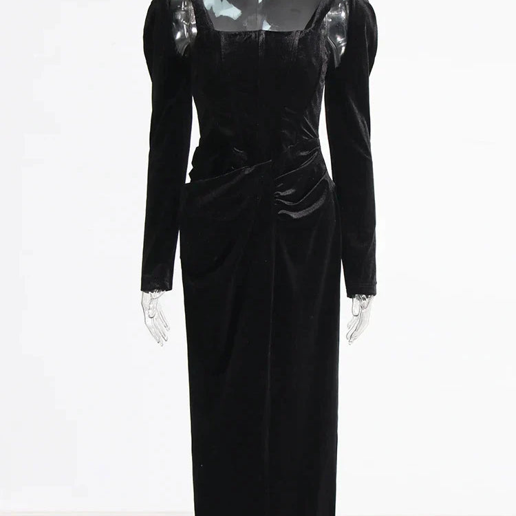 Solid Patchwork Folds Elegant Dresses For Women Square Collar Long Sleeve High Waist Split Slimming Dress Female