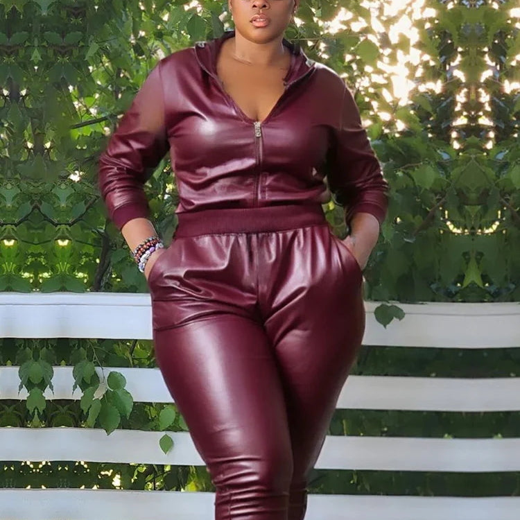 Wmstar Plus Size PU Two Piece Outfits Women Fall Clothing Hoodies Coat Pants Sets Legging Matching Set Wholesale Dropshipping