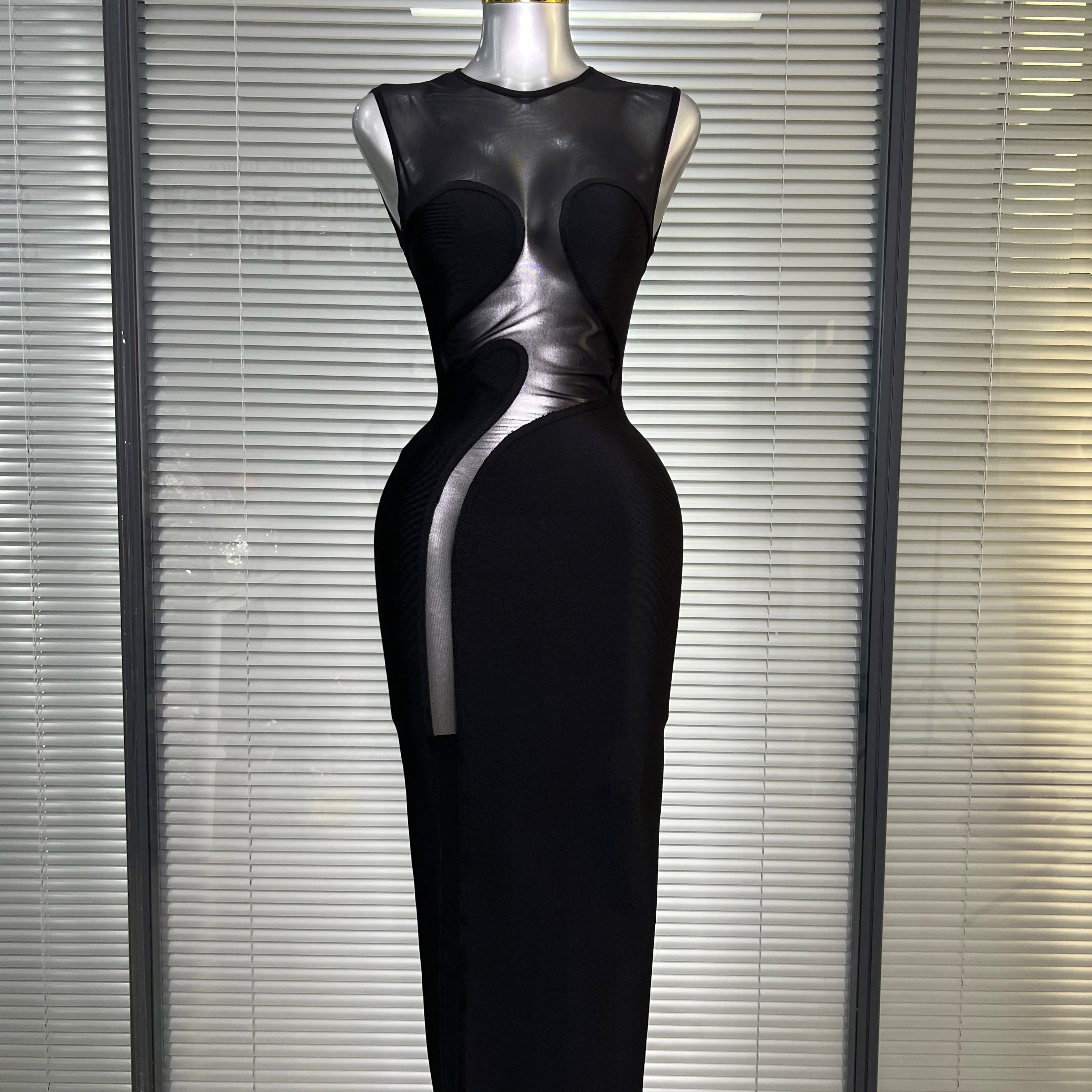 Summer New 2025 Women Black White Long Bodycon Bandage Dress Knitted Mesh Tank Evening Party Dress Vestido