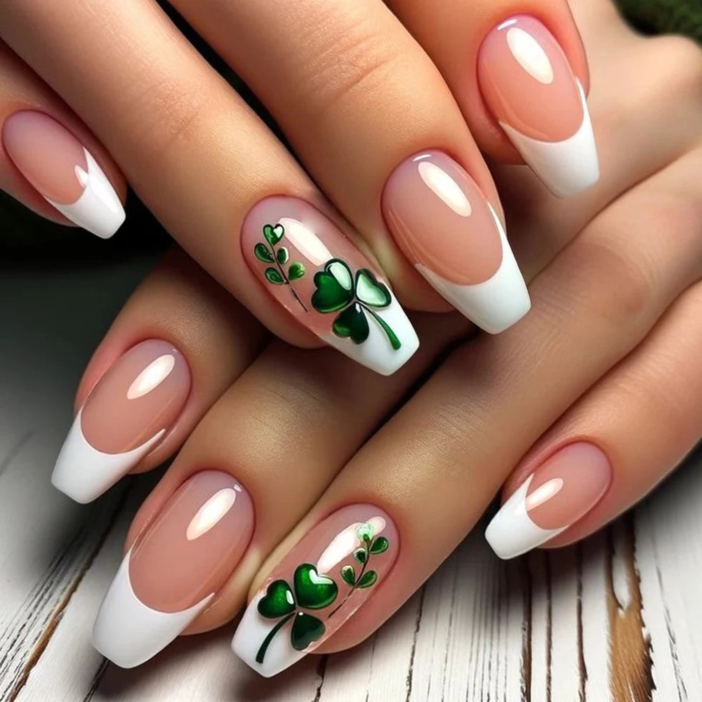 24Pcs Golden Glitter Fake Nail Art with Clover Sequin Design Medium Square False Nail Tip Simple Green Wearable French Gel Nails