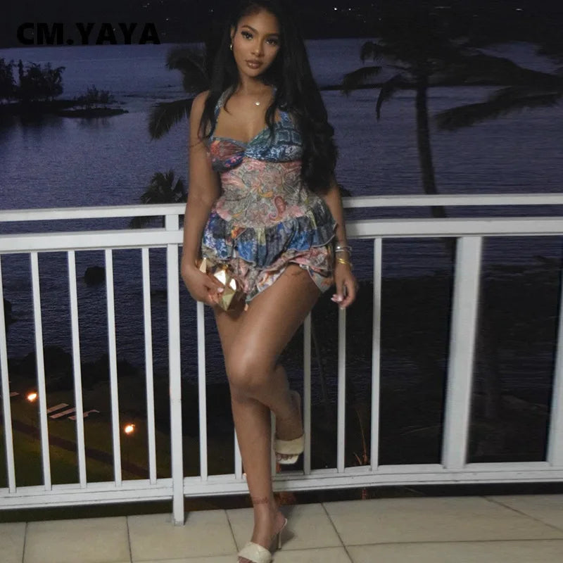 CM.YAYA Women Halter Sleeveless Strapless Ruffles tiered Mini Dress 2025 Summer Holiday Sexy Beach Party Birthday Street Dresses