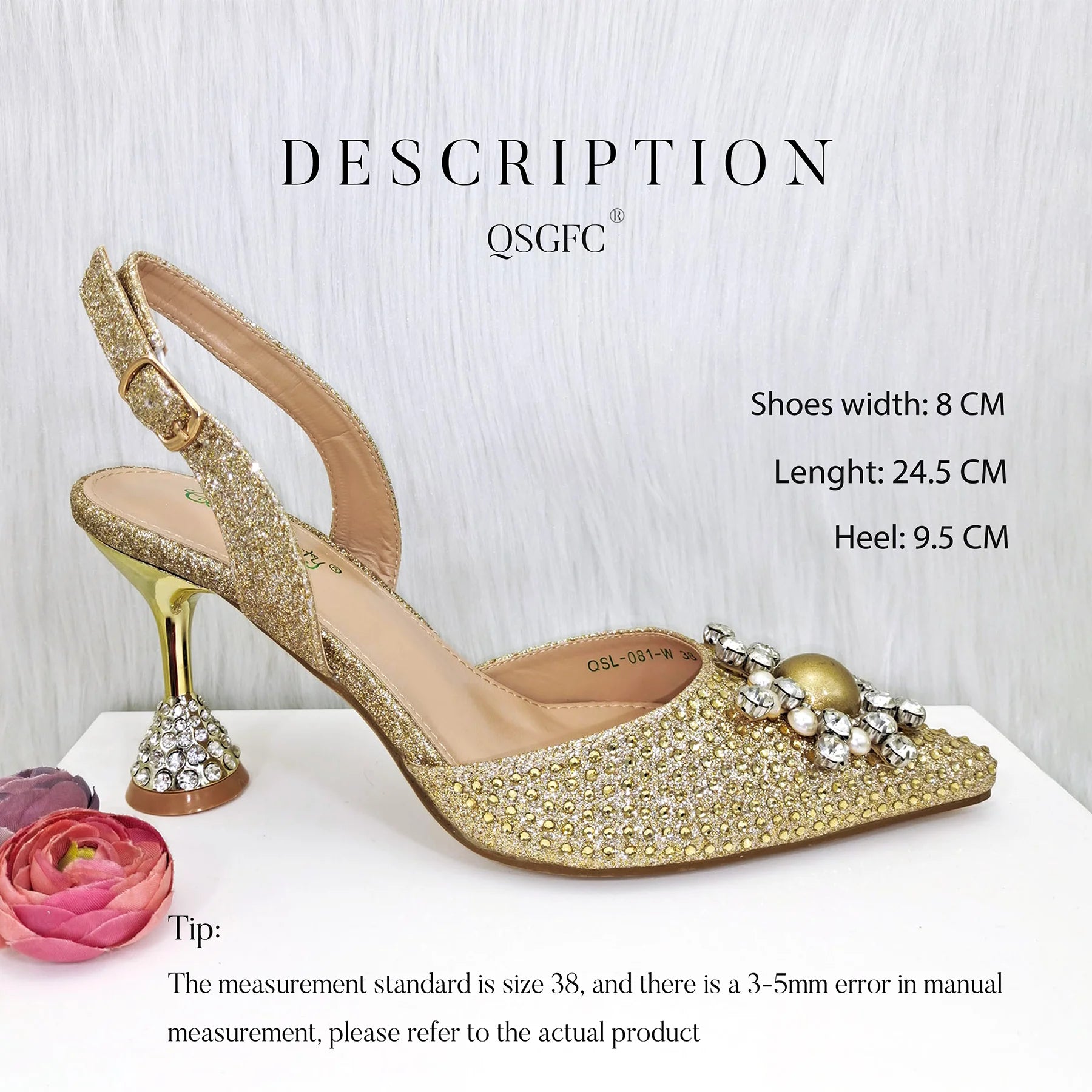 Gold Color Elegant Lady Shoes And Bag Set with Rhinestone Embellished Pearls-knot Wear-resistant And Comfortable Heel