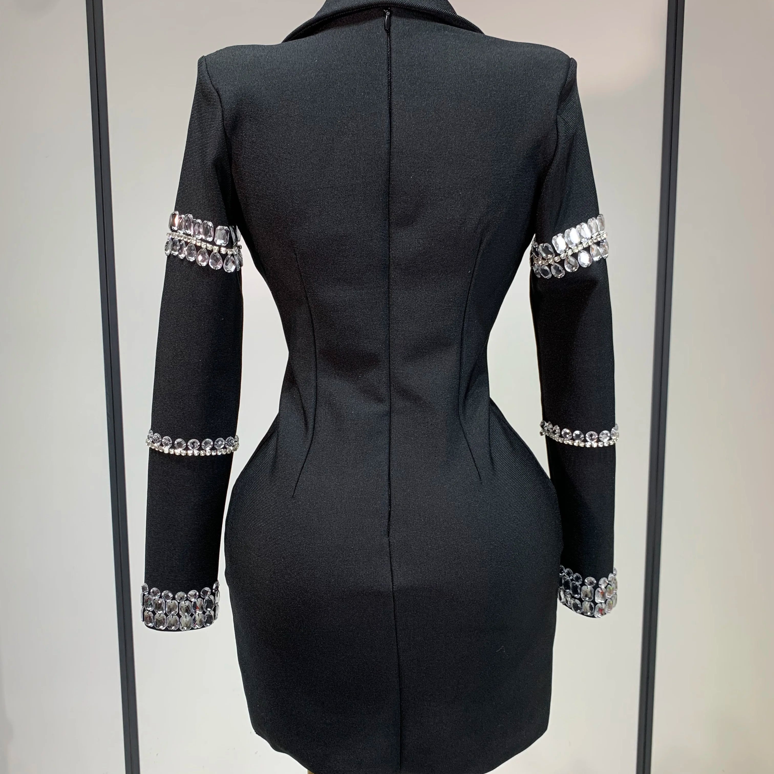 Women Sexy Long Sleeve V Neck Beading Rhinestone Mini Bodycon Bandage Dress 2025 Celebrity  Elegant Evening Party Birthday Dress