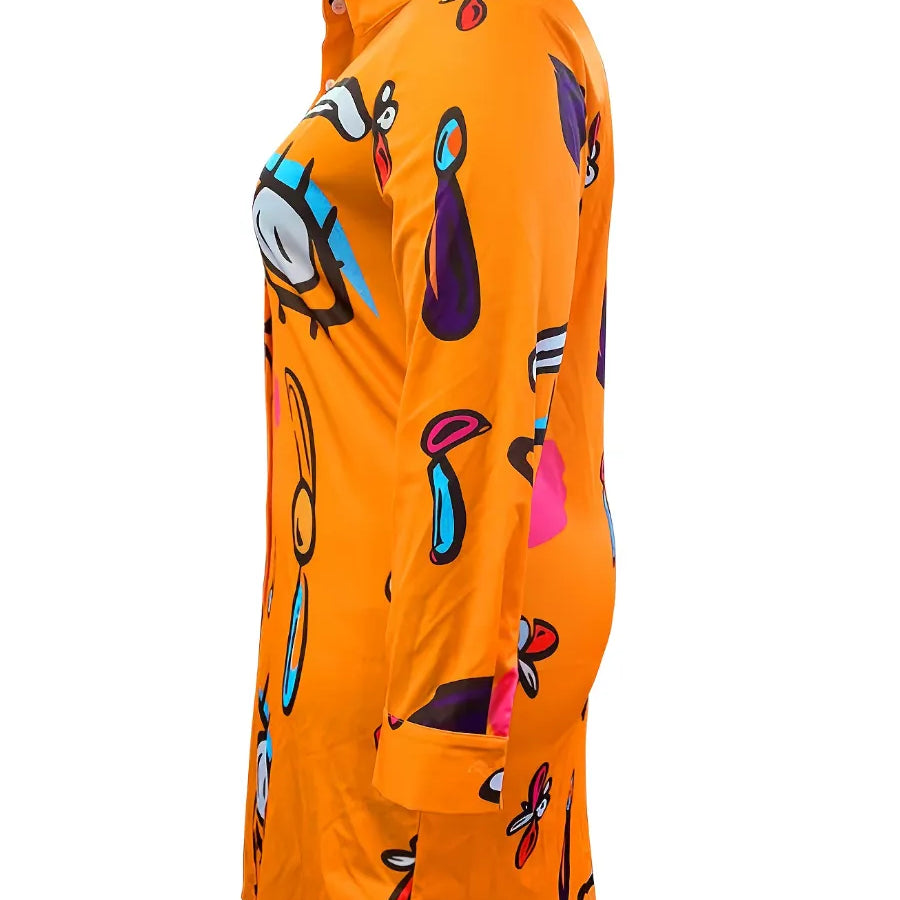 Oversize Single Breasted Button Irregular Shirt Dresses Autumn Women Turn-down Collar Boho Print Loose Mini Dress XL-5XL