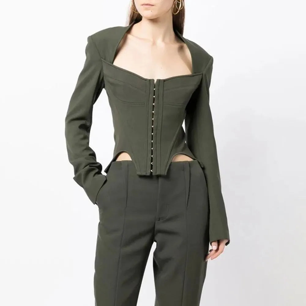 Solid Irregular Coats For Women Square Collar Long Sleeve Temperament Minimalist Coat Female Fashion Style Clothing ARMYGREEN