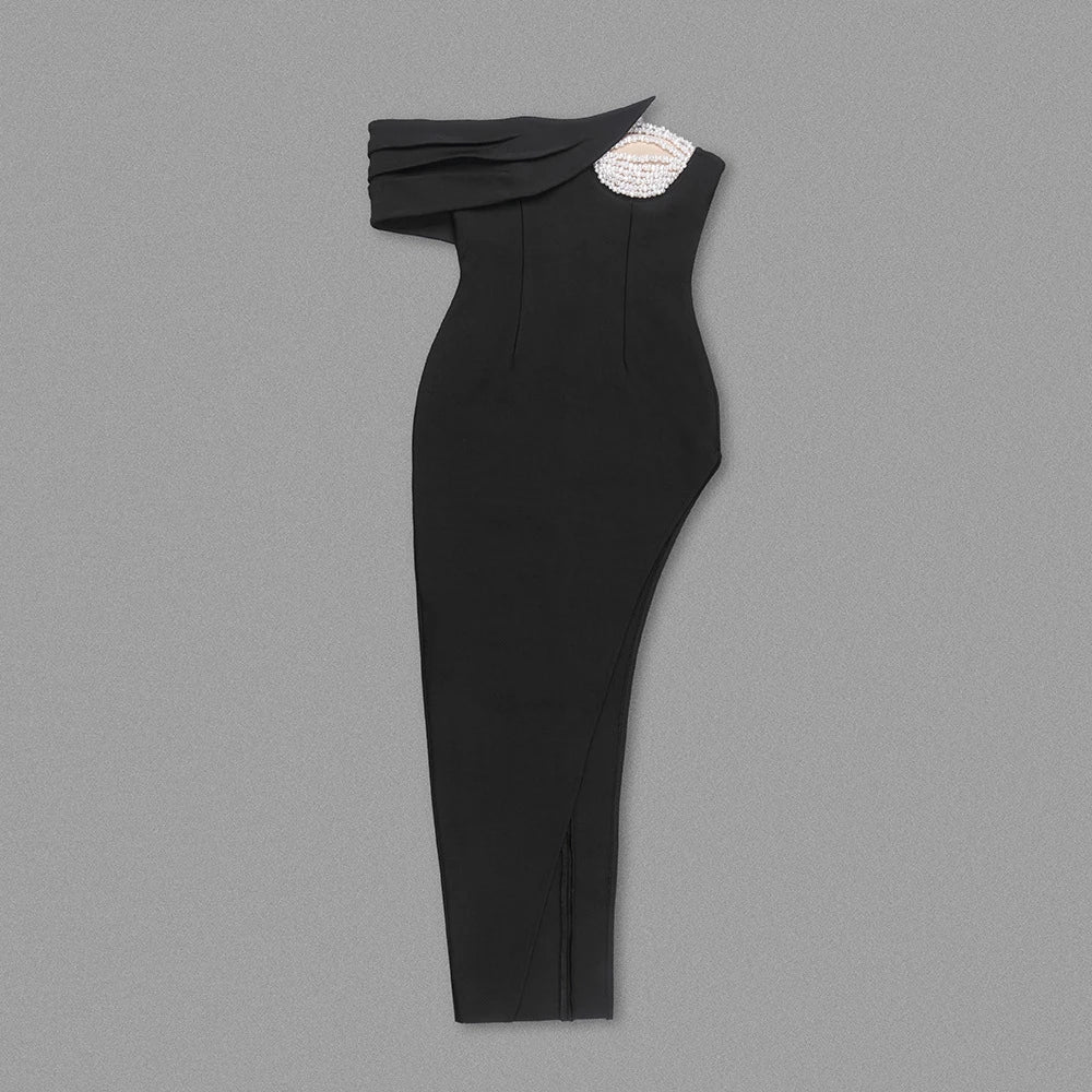 TWOTWINSTYLE Patchwork Pearls Asymmetrical Dress For Women Strapless Sleeveless High Waist Split Sexy Dresses Female Fashion New