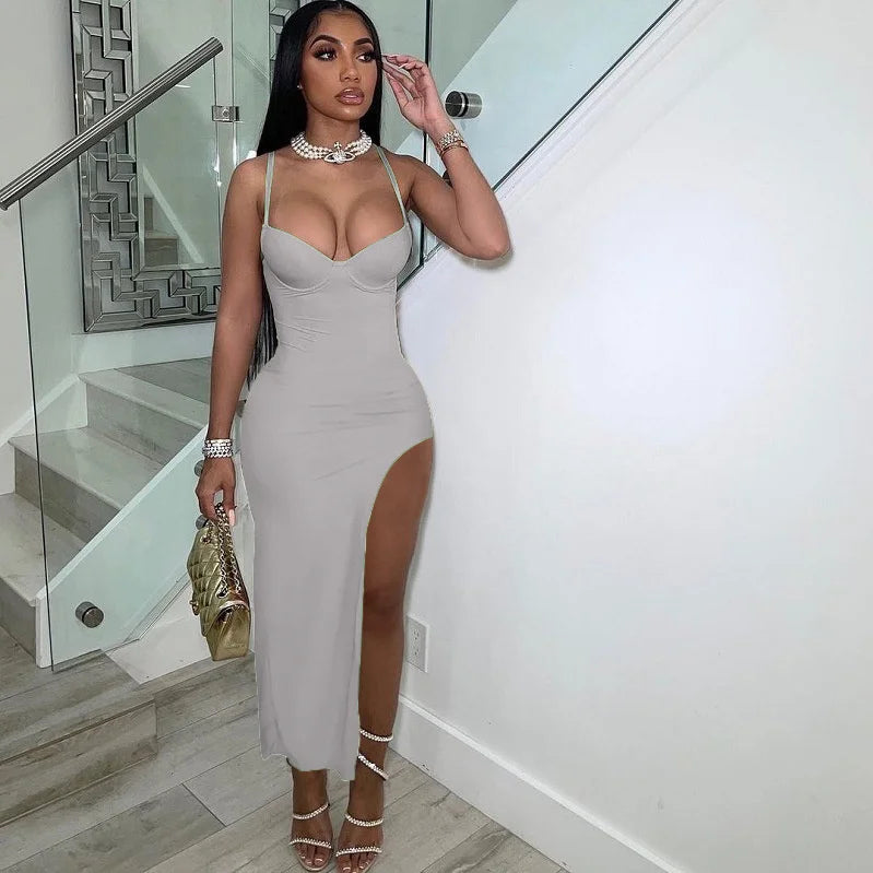 Sexy Side Cut Out Night Party Dresses Women Spaghetti Strap V-neck Backless Slim Bodycon Maxi Dress Elegant Birthday Prom Dress GRAY