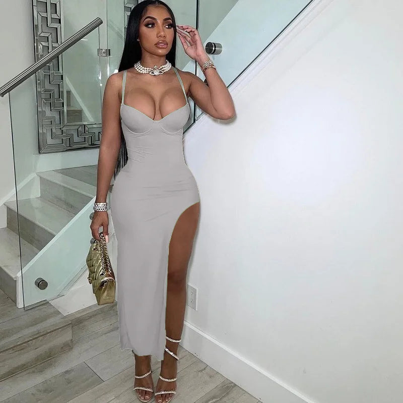 Sexy Side Cut Out Night Party Dresses Women Spaghetti Strap V-neck Backless Slim Bodycon Maxi Dress Elegant Birthday Prom Dress GRAY