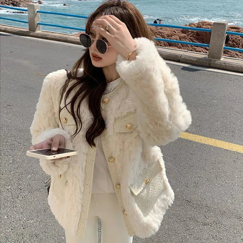 Autumn Winter Women's Lamb Wool Jacket Korean Style Streetwear O-Neck Faux Fur Coat Woman Warm Thick Furry Fluffy Coat WHITE