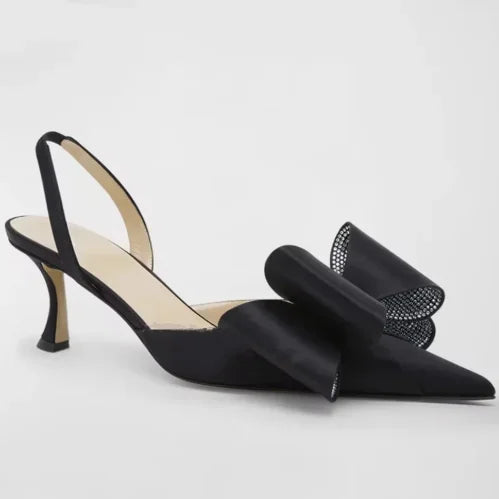 Butterfly-Knot Satin Rhinestones Sandals Pointed Toe High Heels Kitten Heel Women Luxury Designer Mules Solid Back Strap Shoes