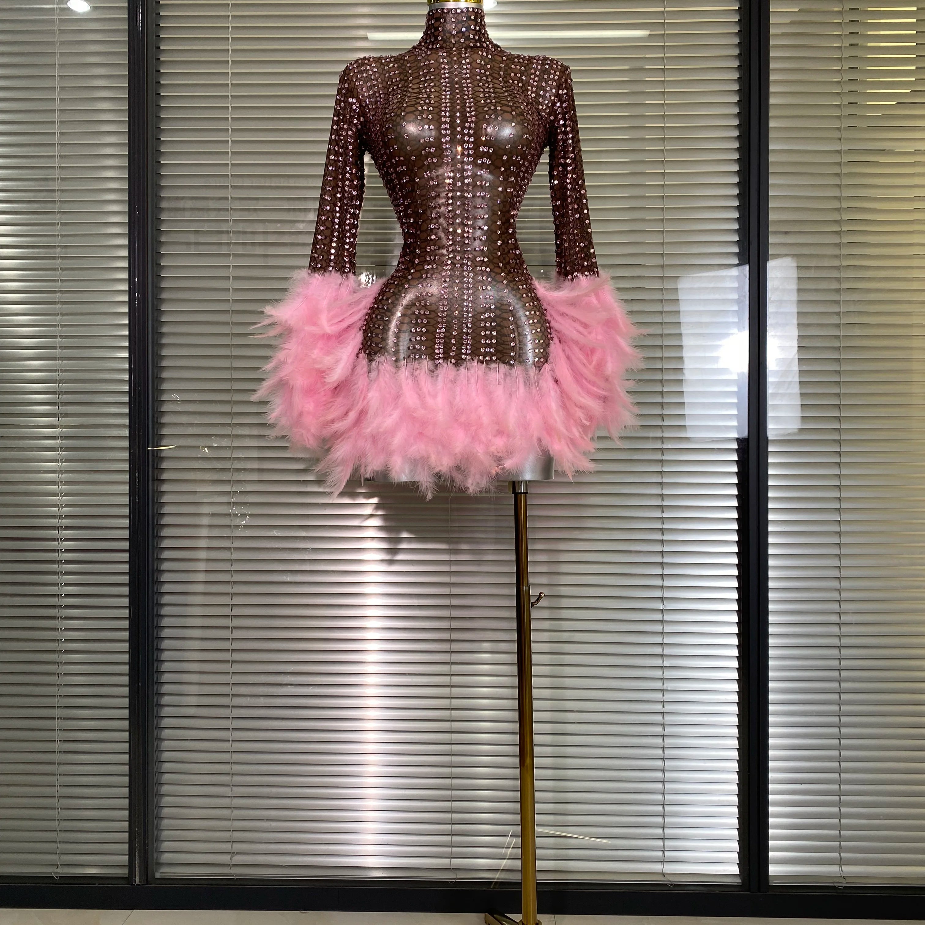 New Women Sexy Transparent Stretched Mesh Feathers Stage Performance Costume Stage Dancer Singer Mini Night Club Party Dress