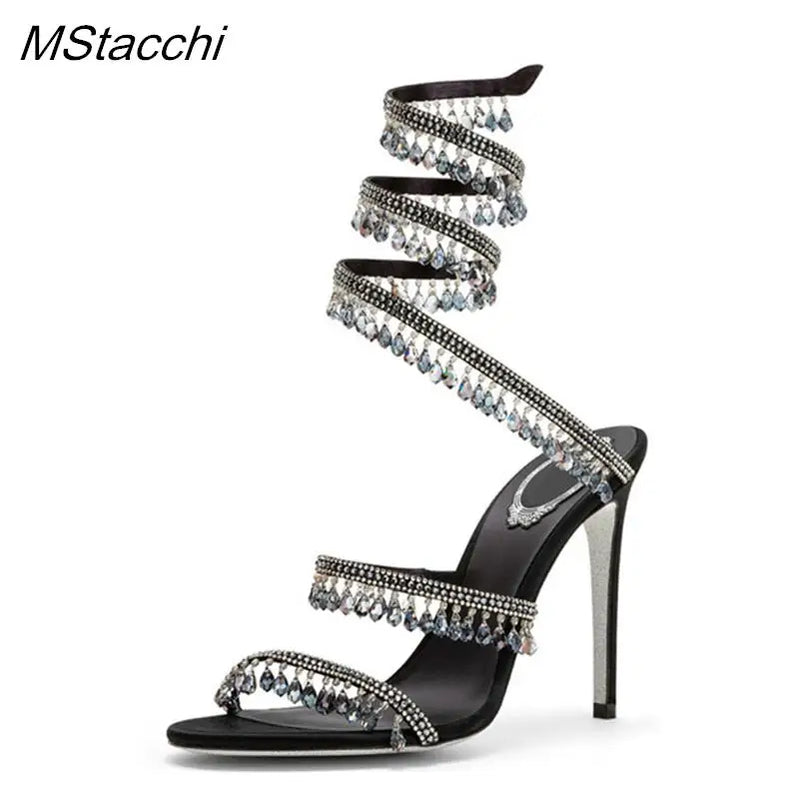 Crystal Wrap Sandals Women Summer Wedding Shoes High Heel Party Shoes Ankle Strappy Sandals Designer Stiletto Heel Shoes